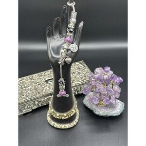 Signed DaVinci Dangle Charm BRACELET Purple-Beads Rhinestones 67g